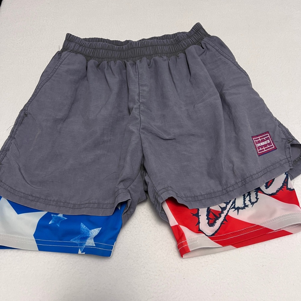 Chubbies 2-in-1 Compression Lined Shorts Men Small Blue Gray USA Flag Patriotic